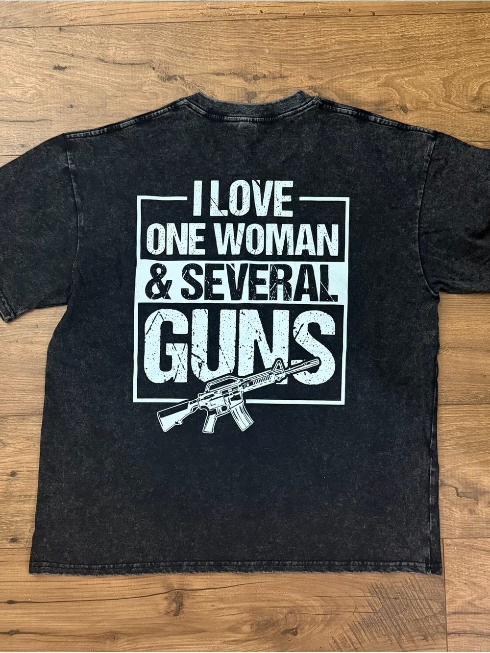Source Unknown Black Tee with White 'I Love One Woman & Several Guns' Graphic